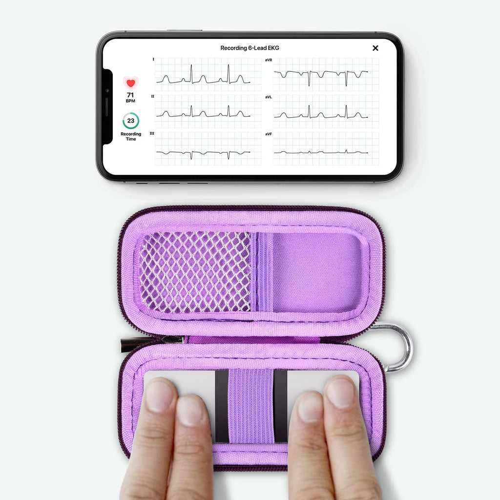 KardiaMobile 6L device used inside the open purple travel case without removal