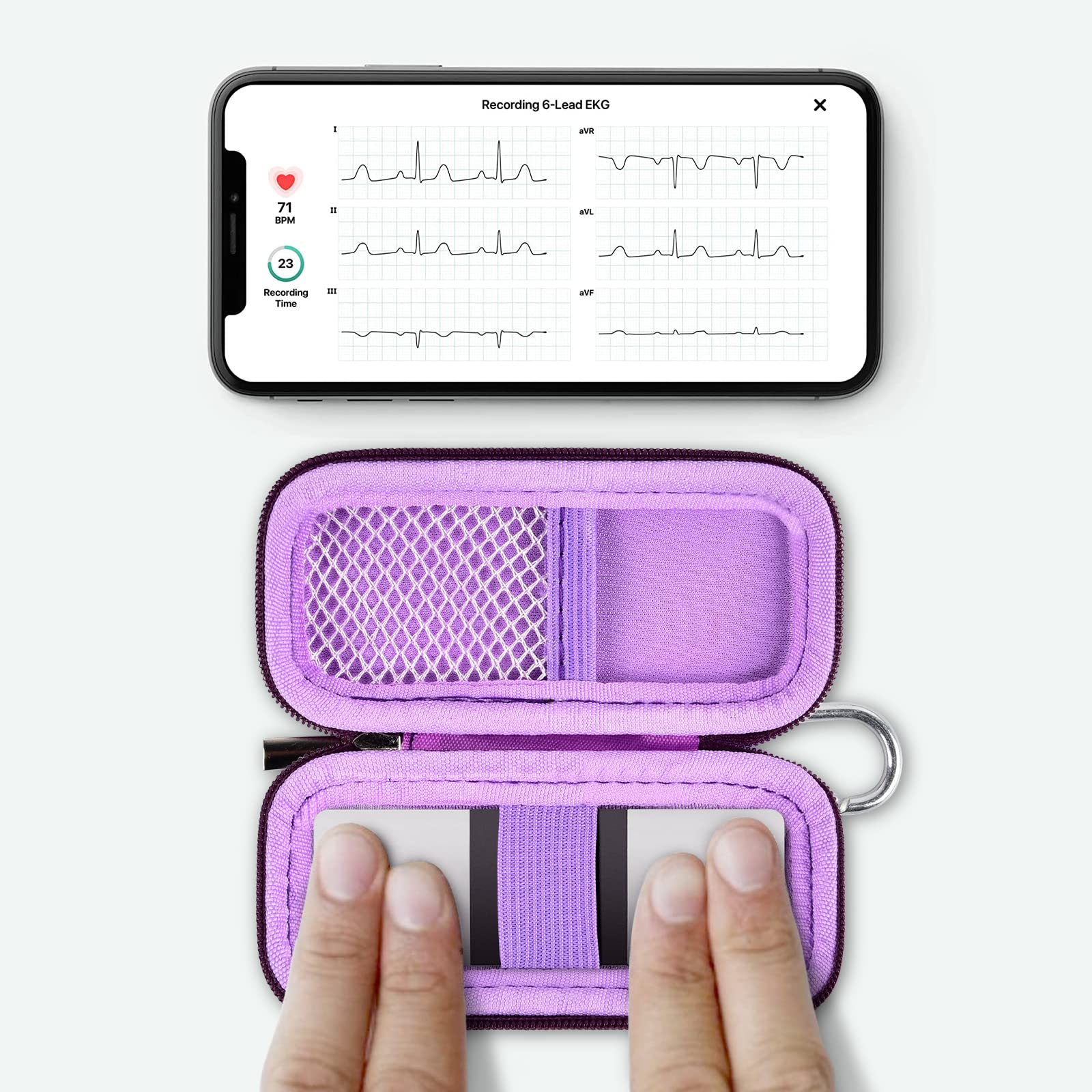 KardiaMobile 6L device used inside the open purple travel case without removal