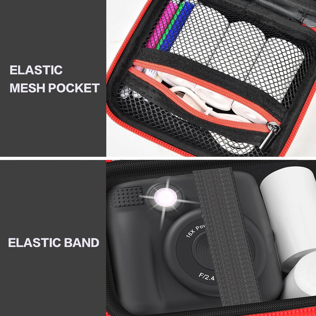 Black and red kids instant print camera case interior mesh pocket and elastic strap detail
