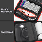 Black and red kids instant print camera case interior mesh pocket and elastic strap detail