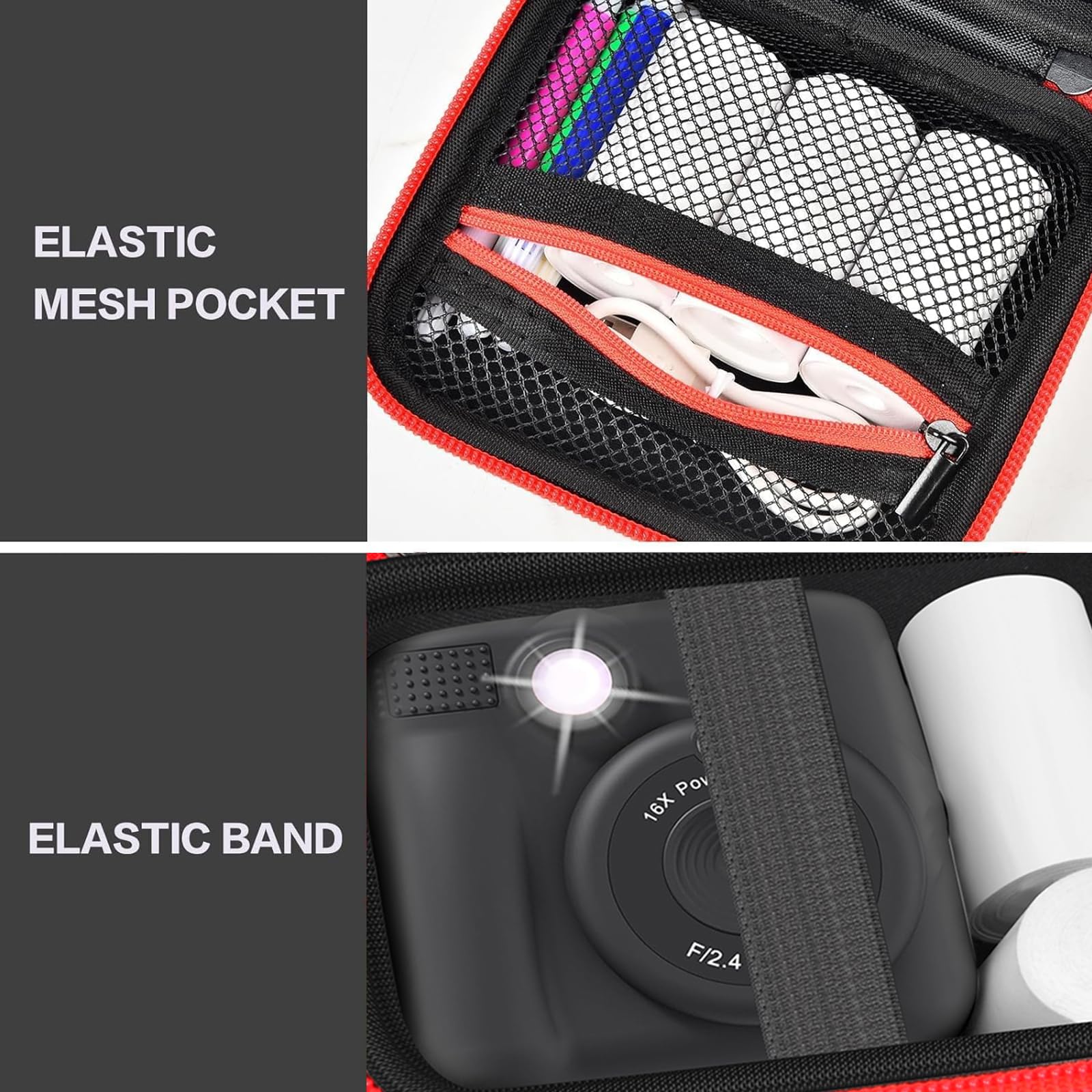 Black and red kids instant print camera case interior mesh pocket and elastic strap detail