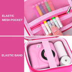 Magenta kids instant print camera case interior mesh pocket and elastic strap detail