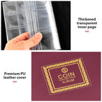 Close-up of thick transparent pocket pages inside the burgundy coin album