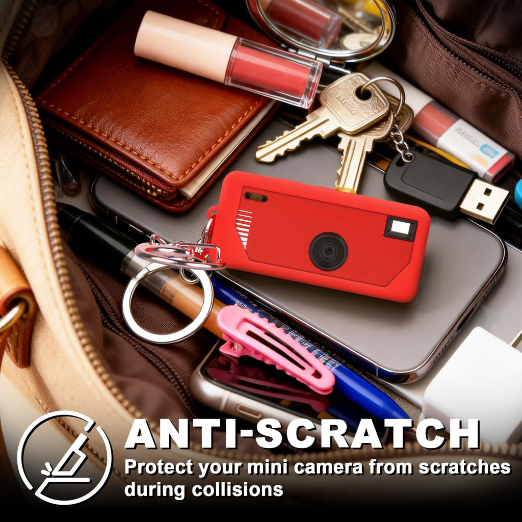 Red silicone case for Kodak Charmera keychain camera anti-scratch protection shown inside a bag