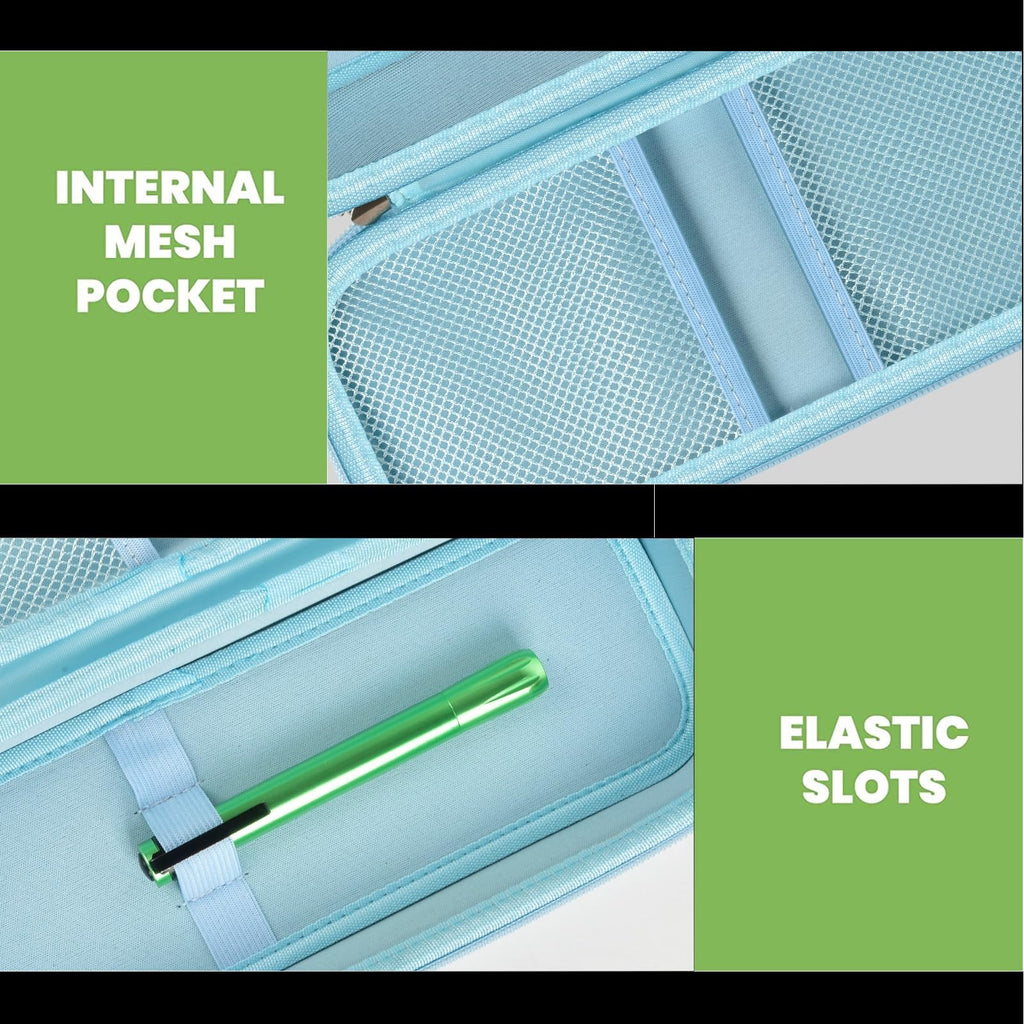 light blue stethoscope case interior with mesh pocket and elastic accessory slots