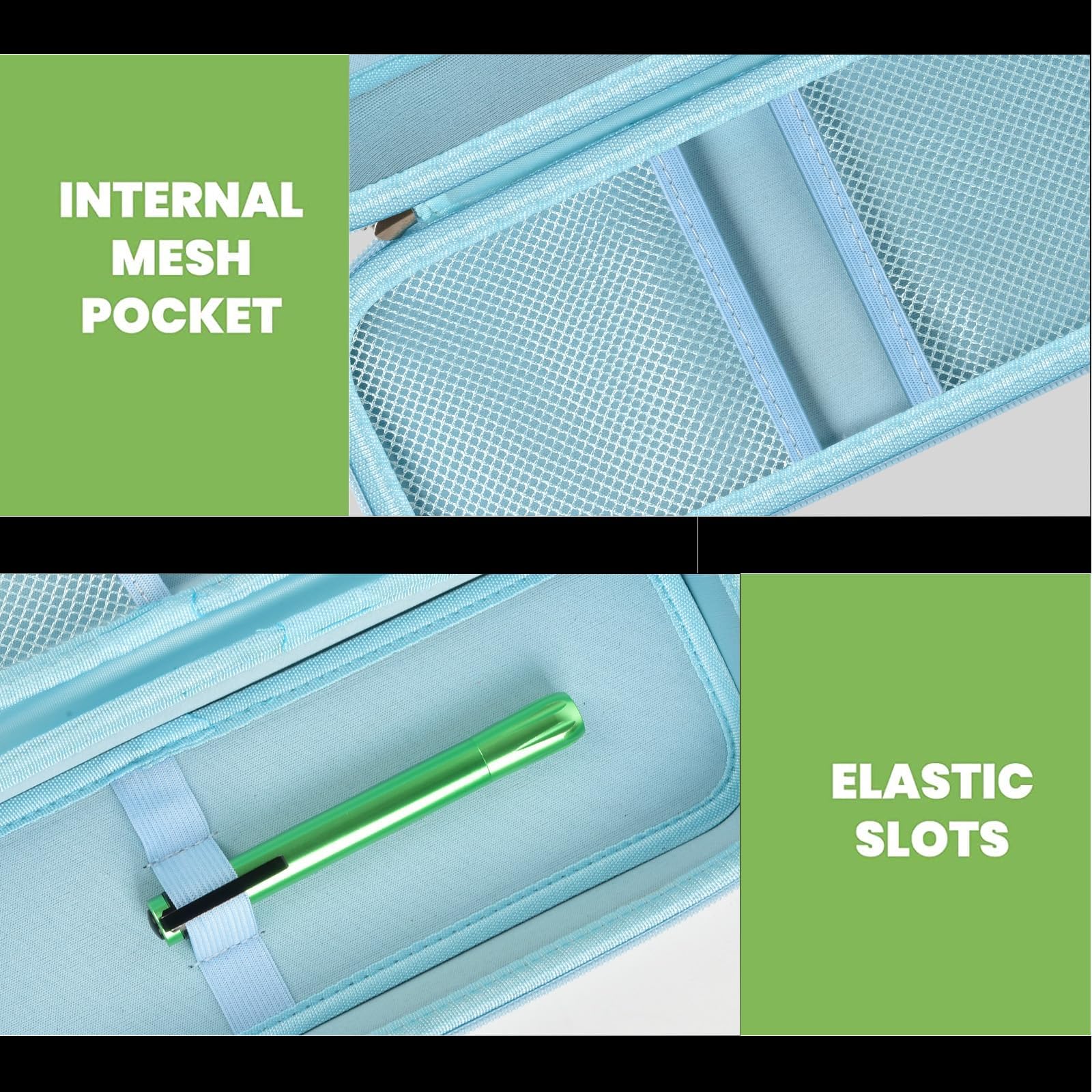 light blue stethoscope case interior with mesh pocket and elastic accessory slots