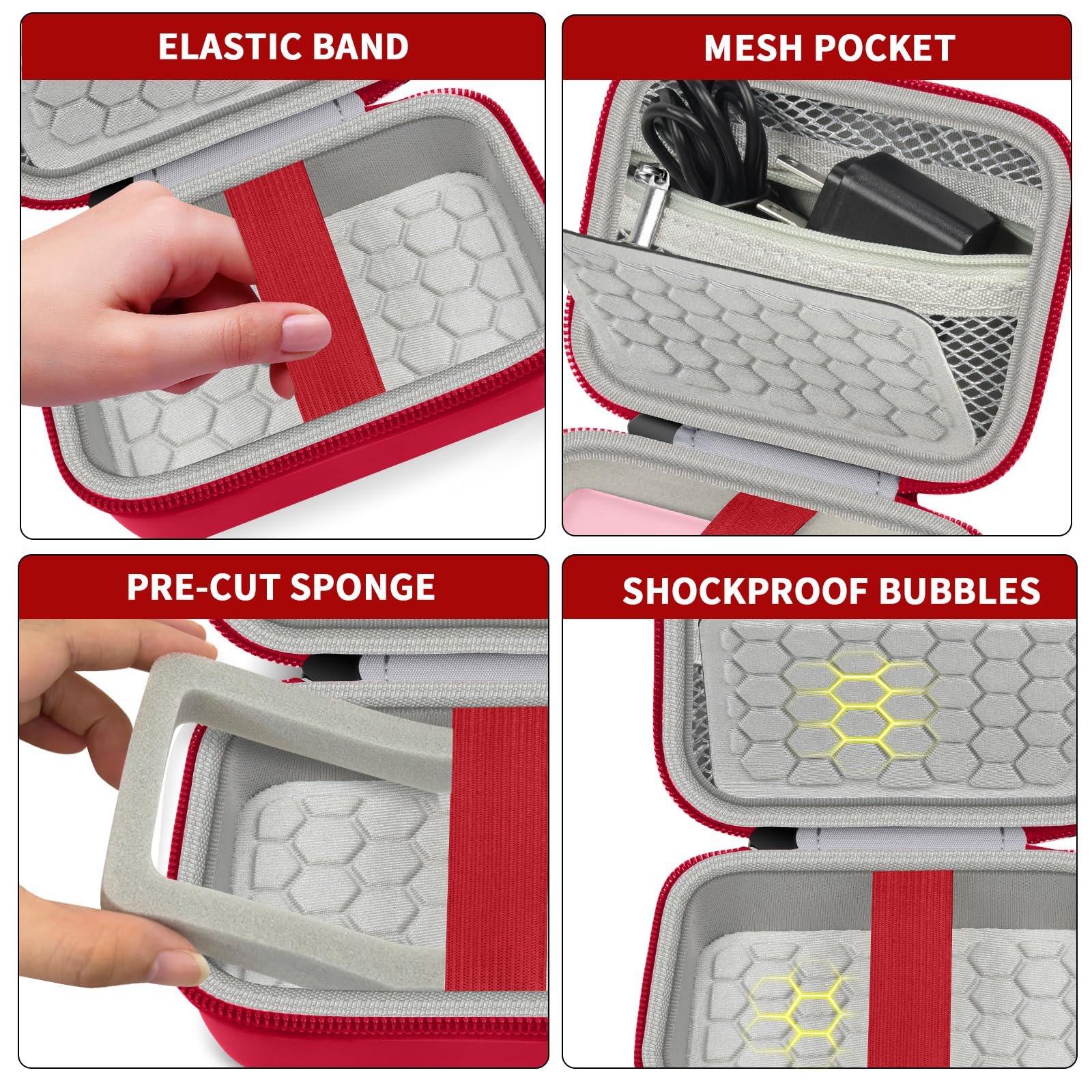 Red camera case interior with elastic strap, mesh pocket, foam insert, and shock-absorbing padding