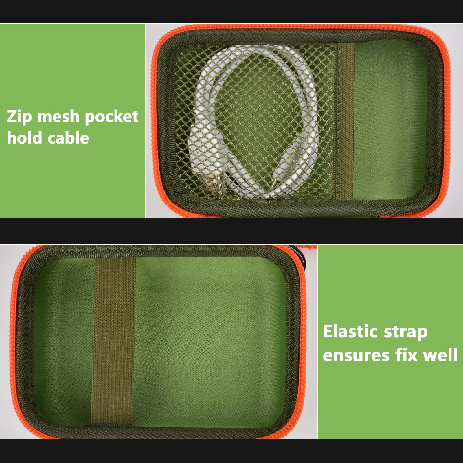 Dark green and orange speaker case interior with mesh cable pocket and elastic strap holding a JBL Go speaker