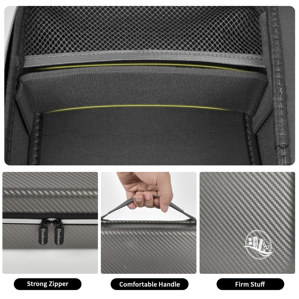 Gray barber case with mesh pocket, dual zipper, handle, and firm protective shell