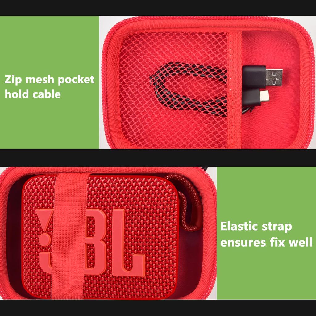 Red speaker case interior with mesh cable pocket and elastic strap holding a JBL Go speaker