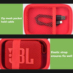 Red speaker case interior with mesh cable pocket and elastic strap holding a JBL Go speaker