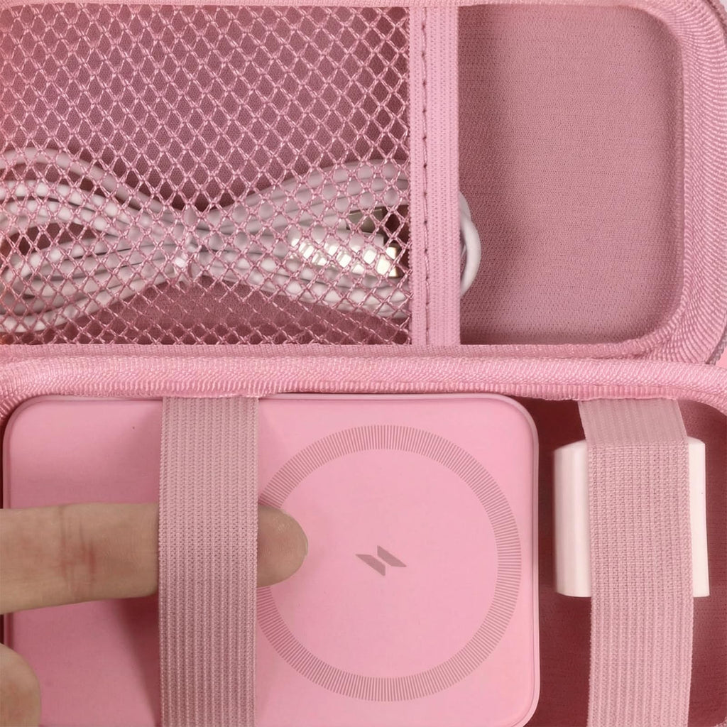 Pink case interior securing a magnetic power bank with elastic straps and cable in the mesh pocket