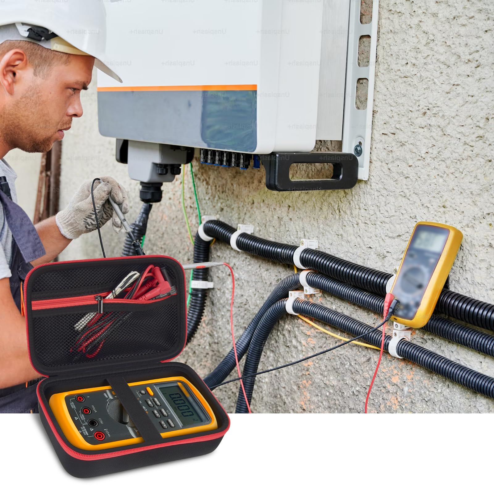 Technician using a digital multimeter beside an open black and red organizer case