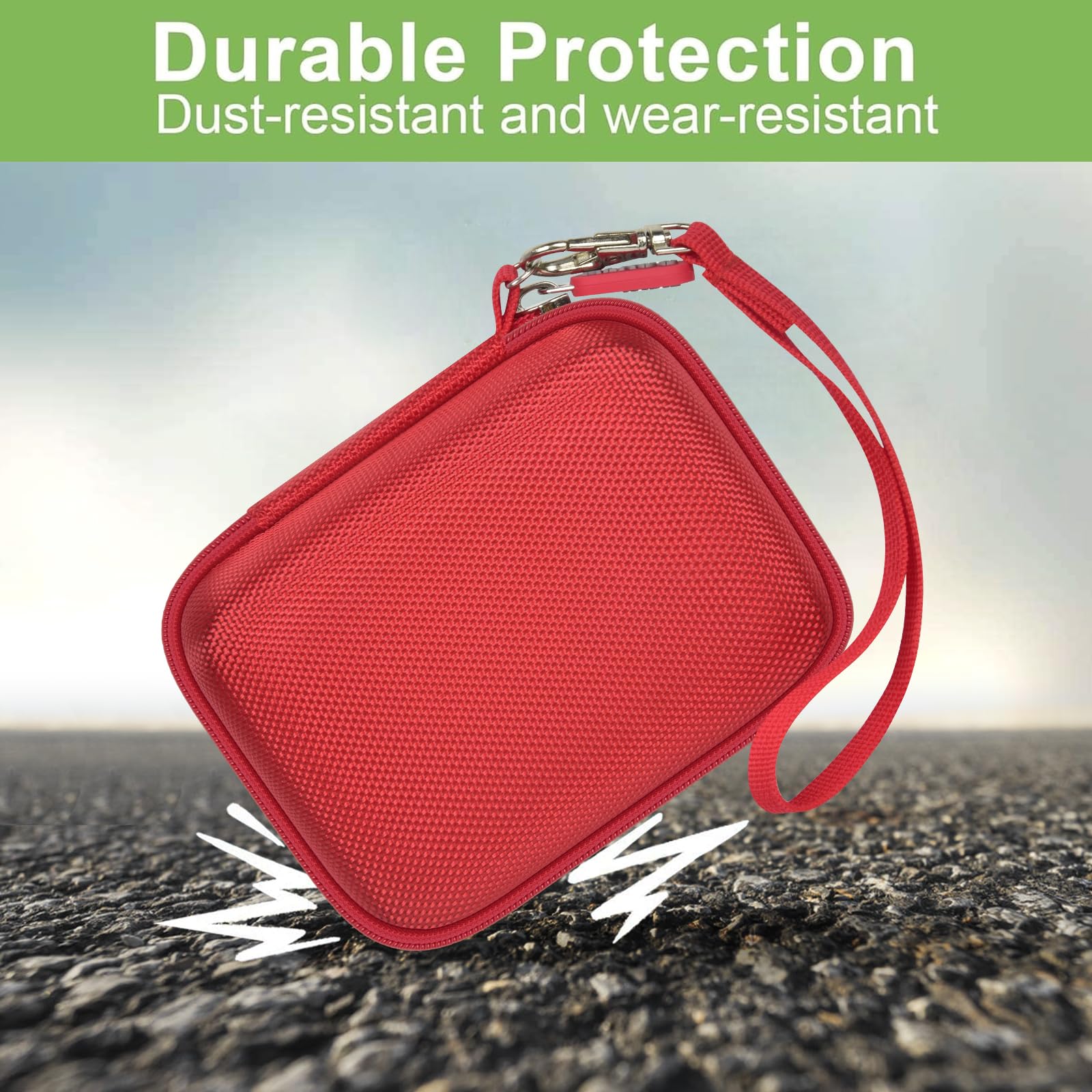 Red protective digital camera case dust- and wear-resistant protection demonstration