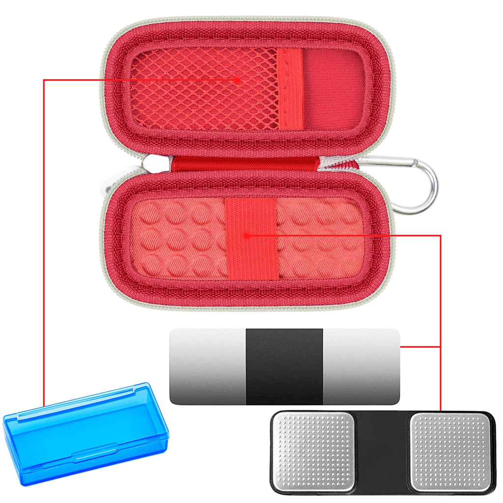 Open red KardiaMobile case with mesh pocket, sensor area, and accessory compartments