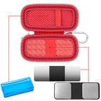 Open red KardiaMobile case with mesh pocket, sensor area, and accessory compartments