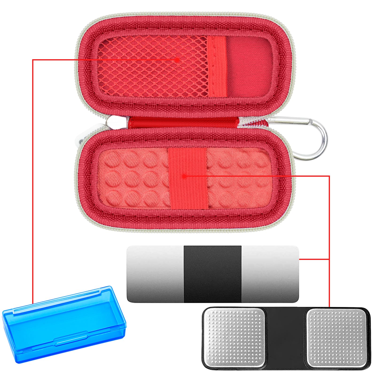Open red KardiaMobile case with mesh pocket, sensor area, and accessory compartments