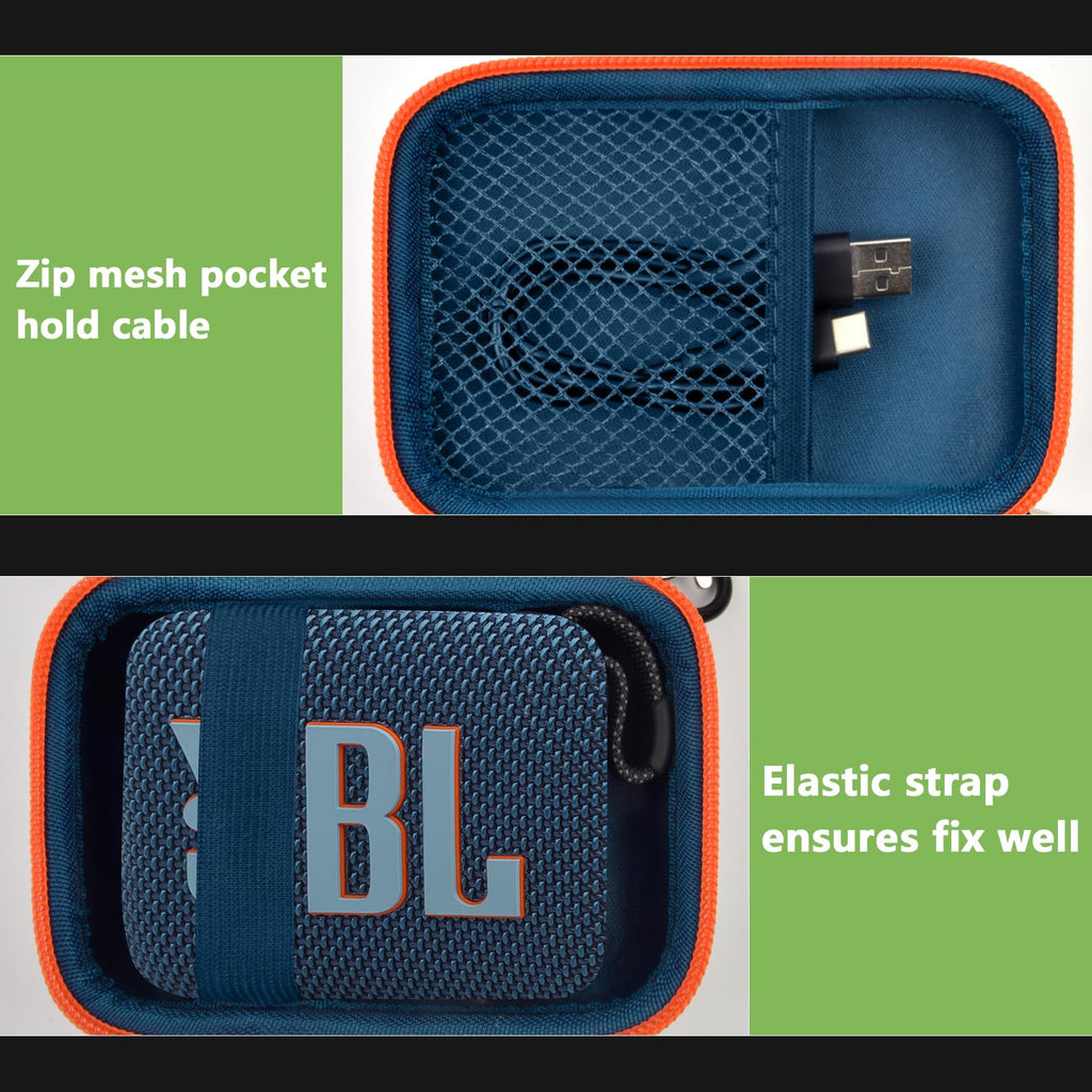 Blue and orange speaker case interior with mesh cable pocket and elastic strap holding a JBL Go speaker