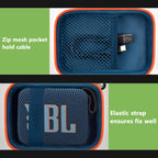 Blue and orange speaker case interior with mesh cable pocket and elastic strap holding a JBL Go speaker