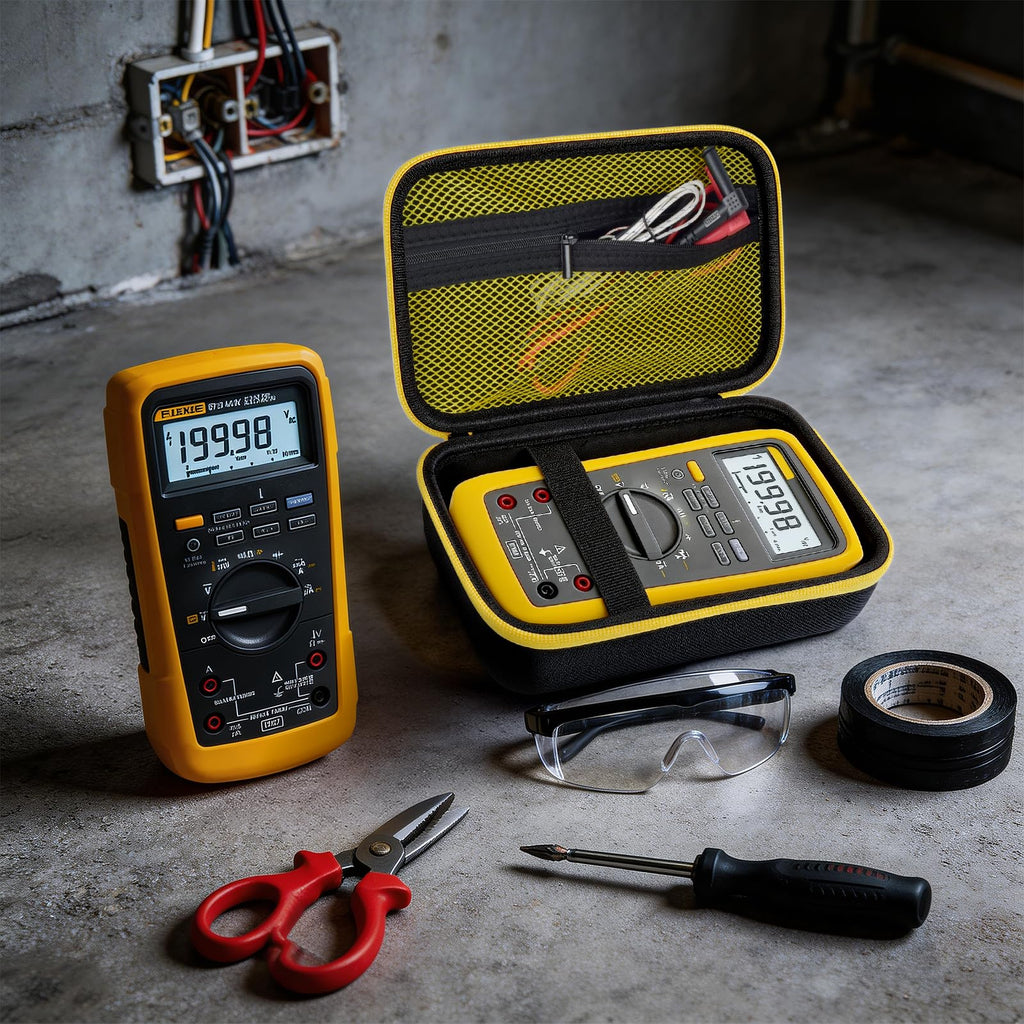 Open black and yellow multimeter case organizing a meter, test leads, scissors, and small tools
