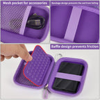 Purple SSD case interior with mesh cable pocket, elastic bands, and padded divider