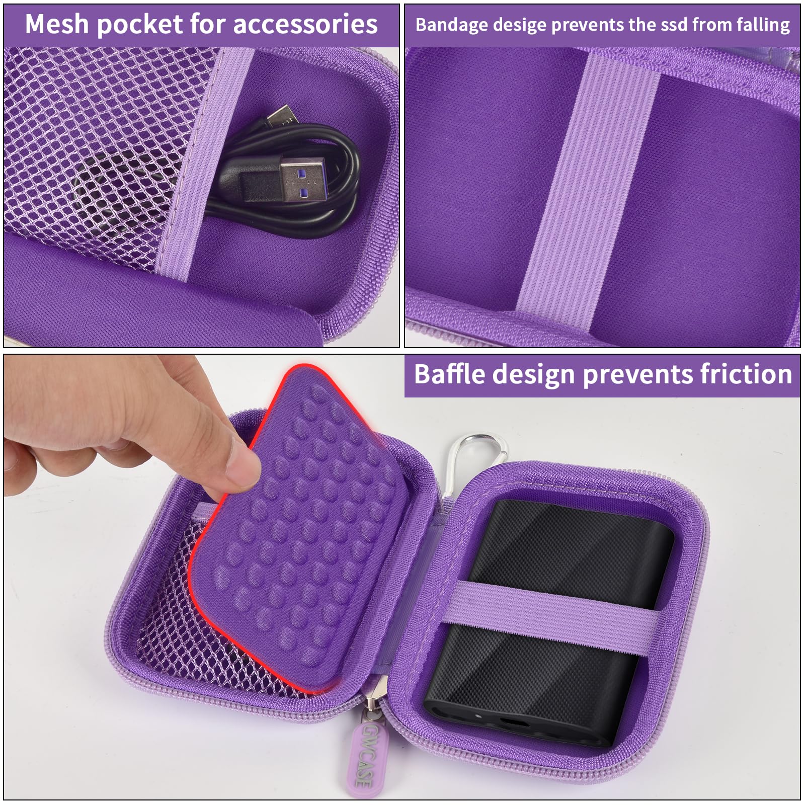Purple SSD case interior with mesh cable pocket, elastic bands, and padded divider
