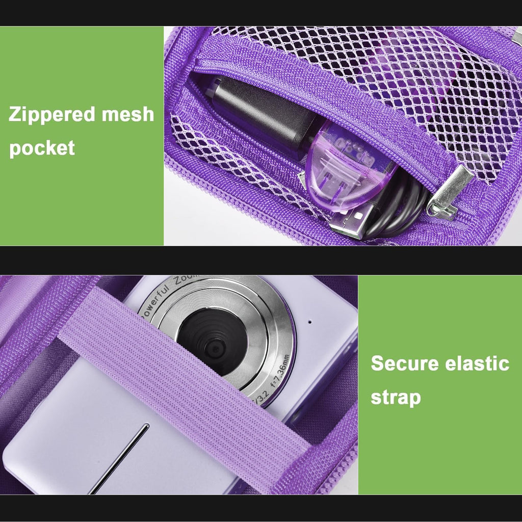 Lavender protective digital camera case zippered mesh pocket and elastic camera strap interior
