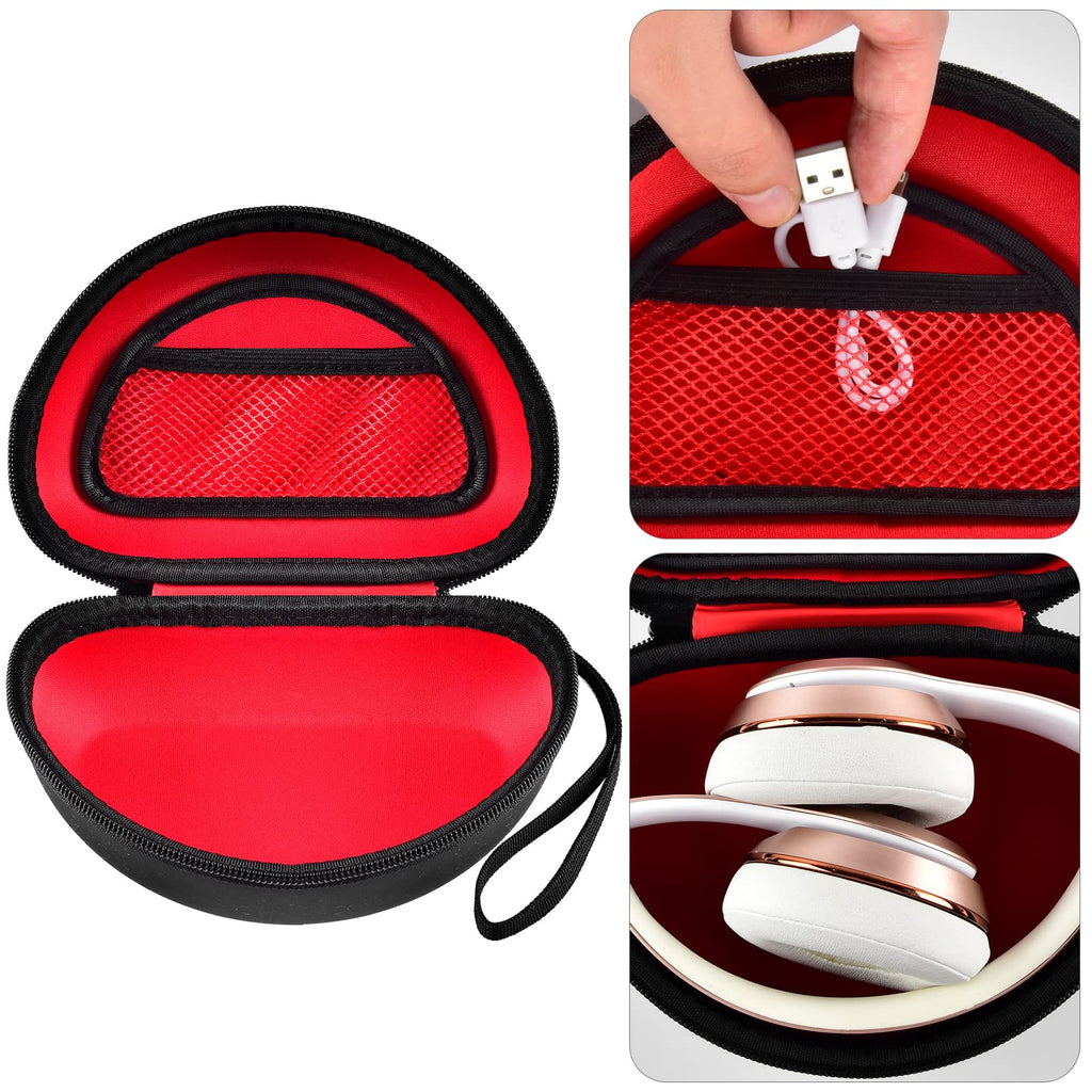 Open black and red headphone case with mesh accessory pocket and folded over-ear headphones