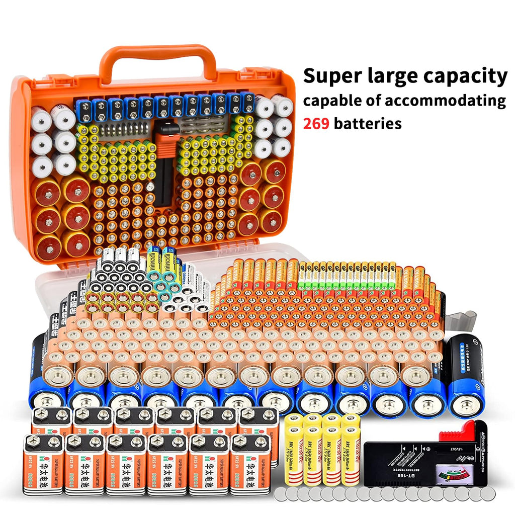 Orange 269-slot battery organizer case large-capacity organizer shown with supported battery sizes