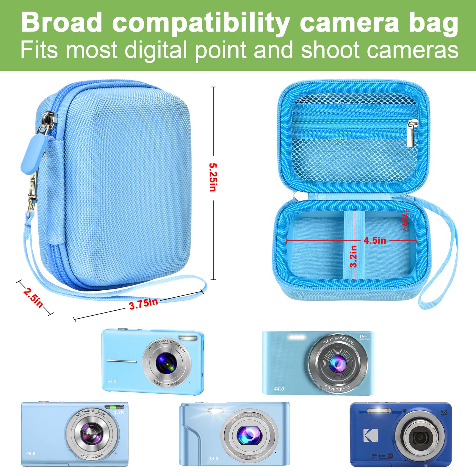 Blue protective digital camera case compatibility and interior dimensions overview