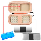 Open peach KardiaMobile case with mesh pocket, sensor area, and accessory compartments