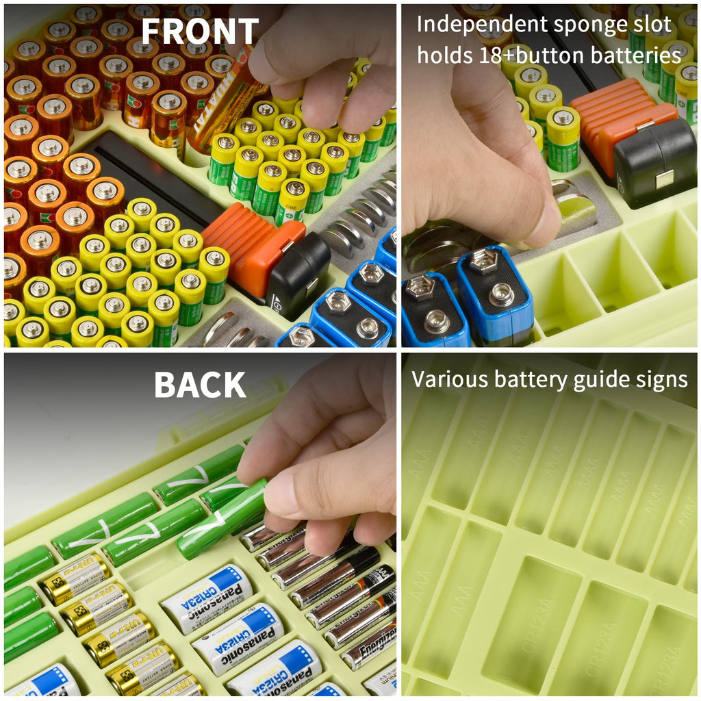 Lime green 269-slot battery organizer case front and back battery compartments and button-cell slots