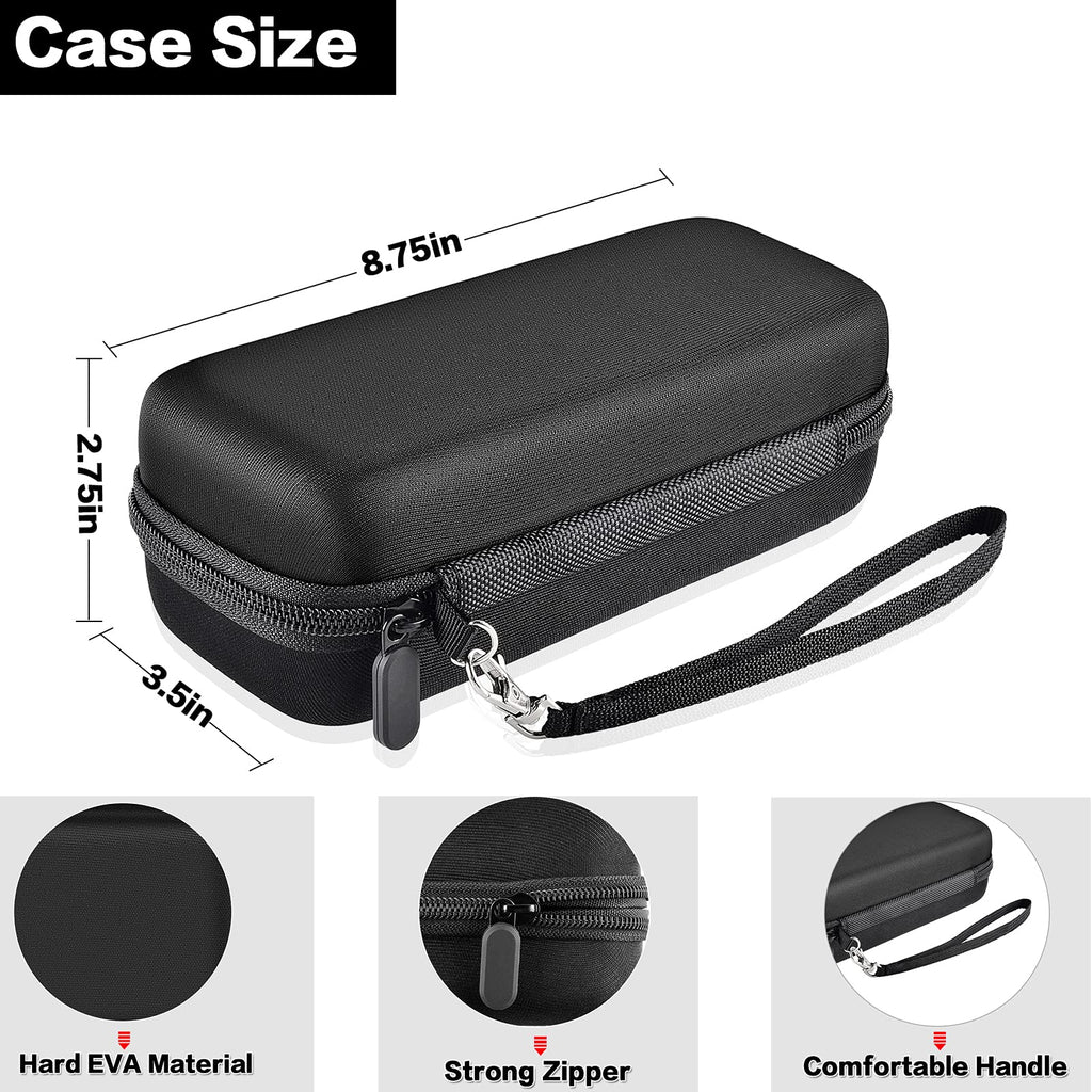 Black electric toothbrush case dimensions with hard EVA shell, zipper, and wrist strap