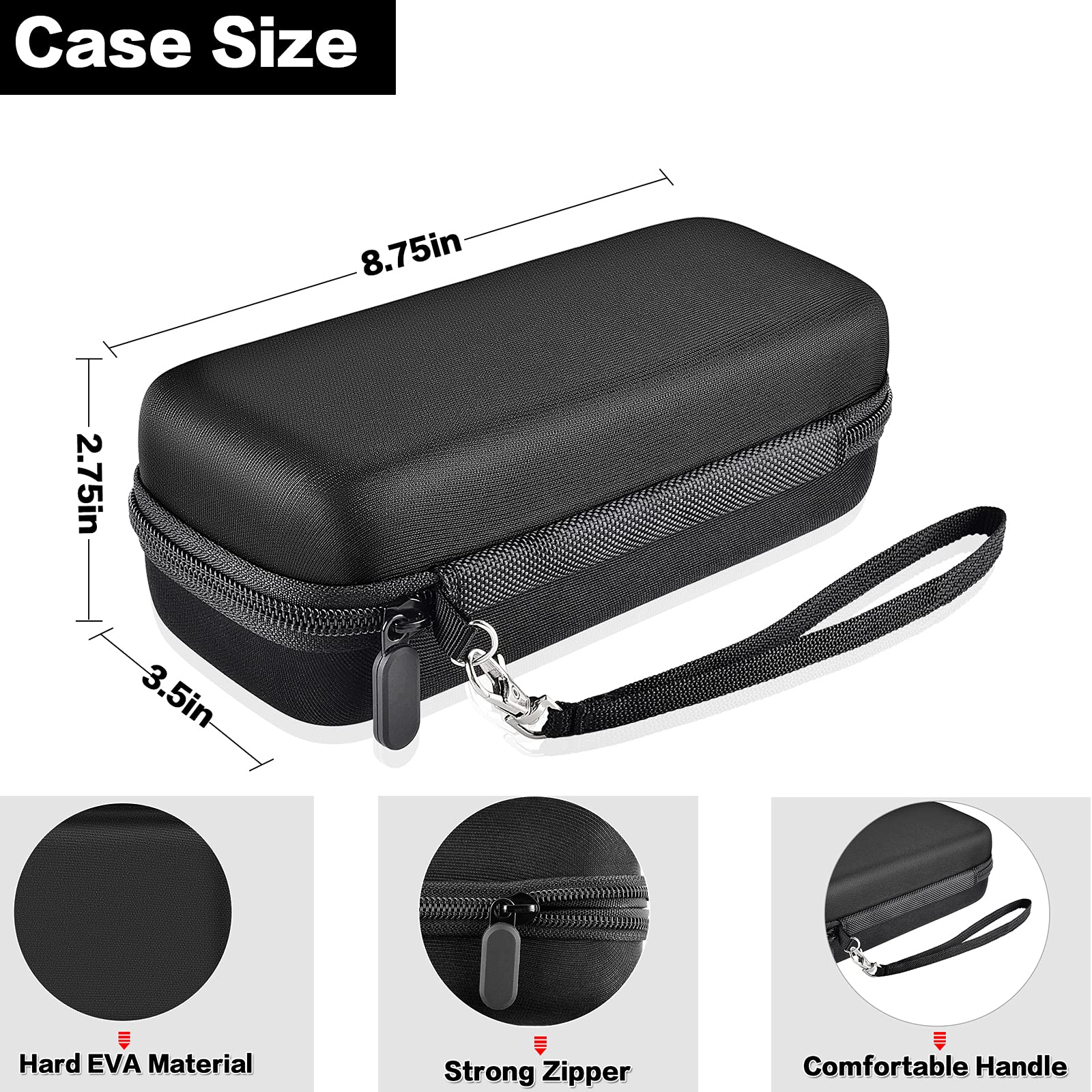 Black electric toothbrush case dimensions with hard EVA shell, zipper, and wrist strap