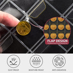 Close-up of protective flap pockets holding coins securely in the album