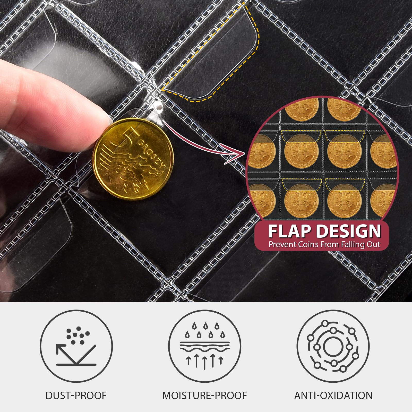 Close-up of protective flap pockets holding coins securely in the album