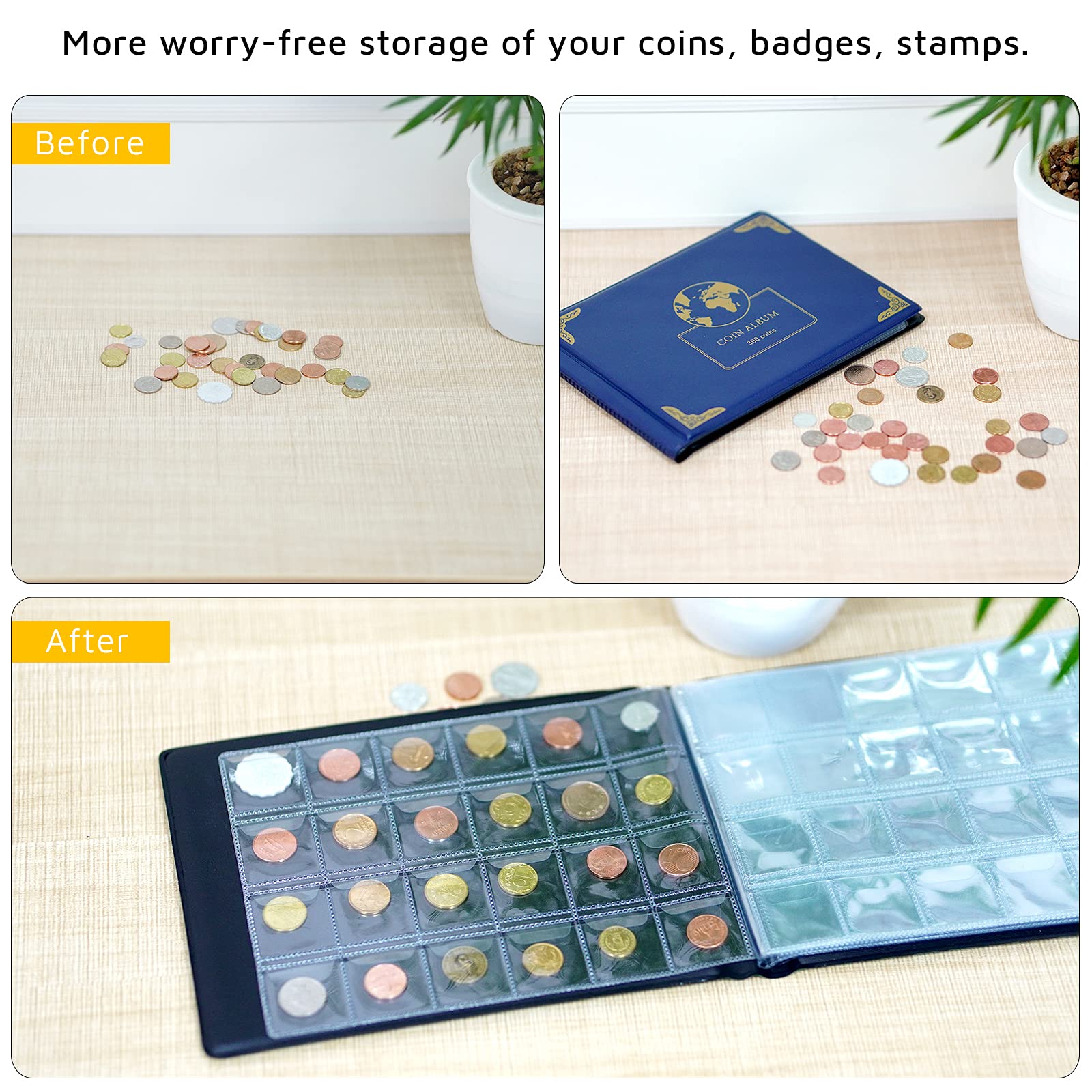 Before-and-after view of loose coins organized inside the green collection album
