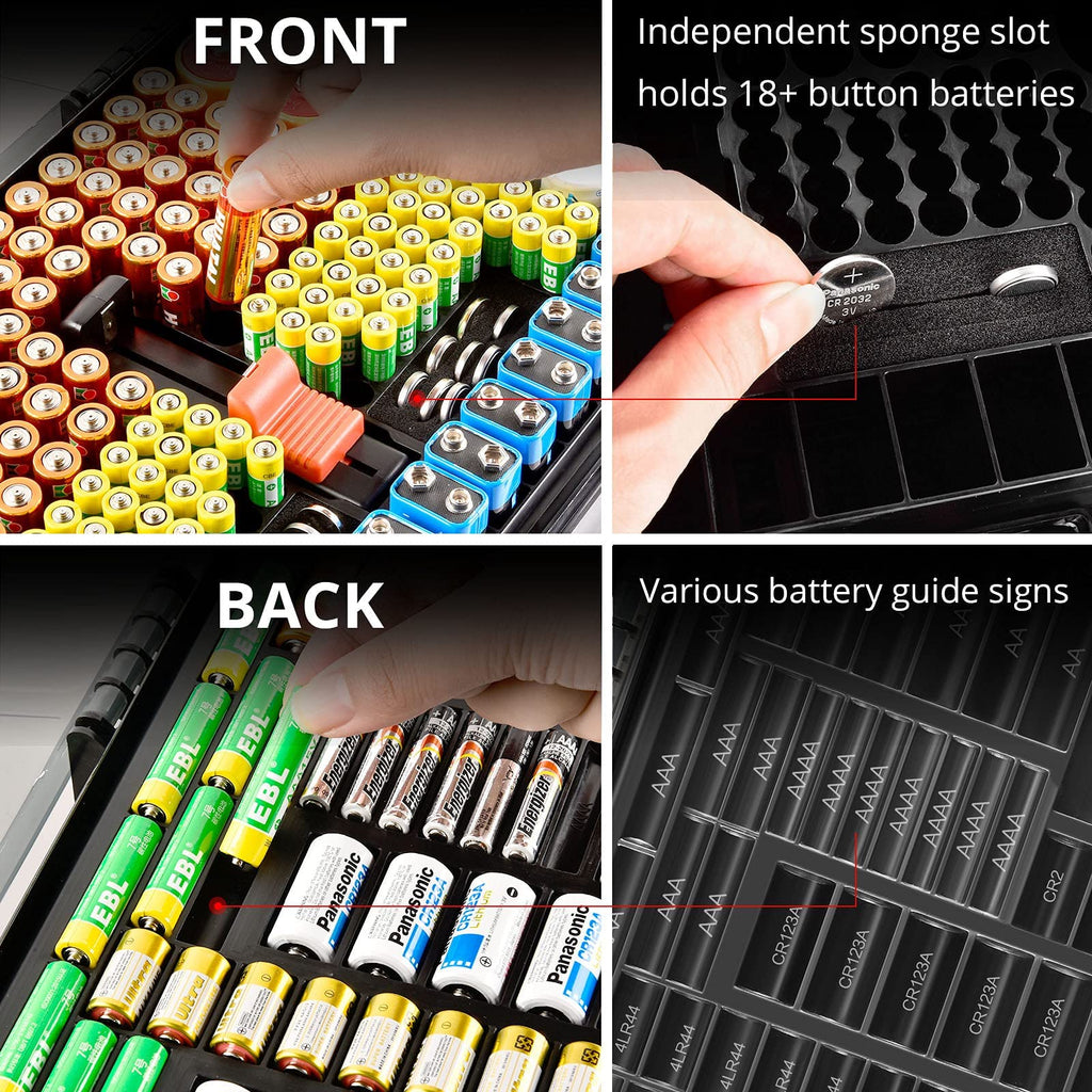 Dark gray 269-slot battery organizer case front and back battery compartments and button-cell slots