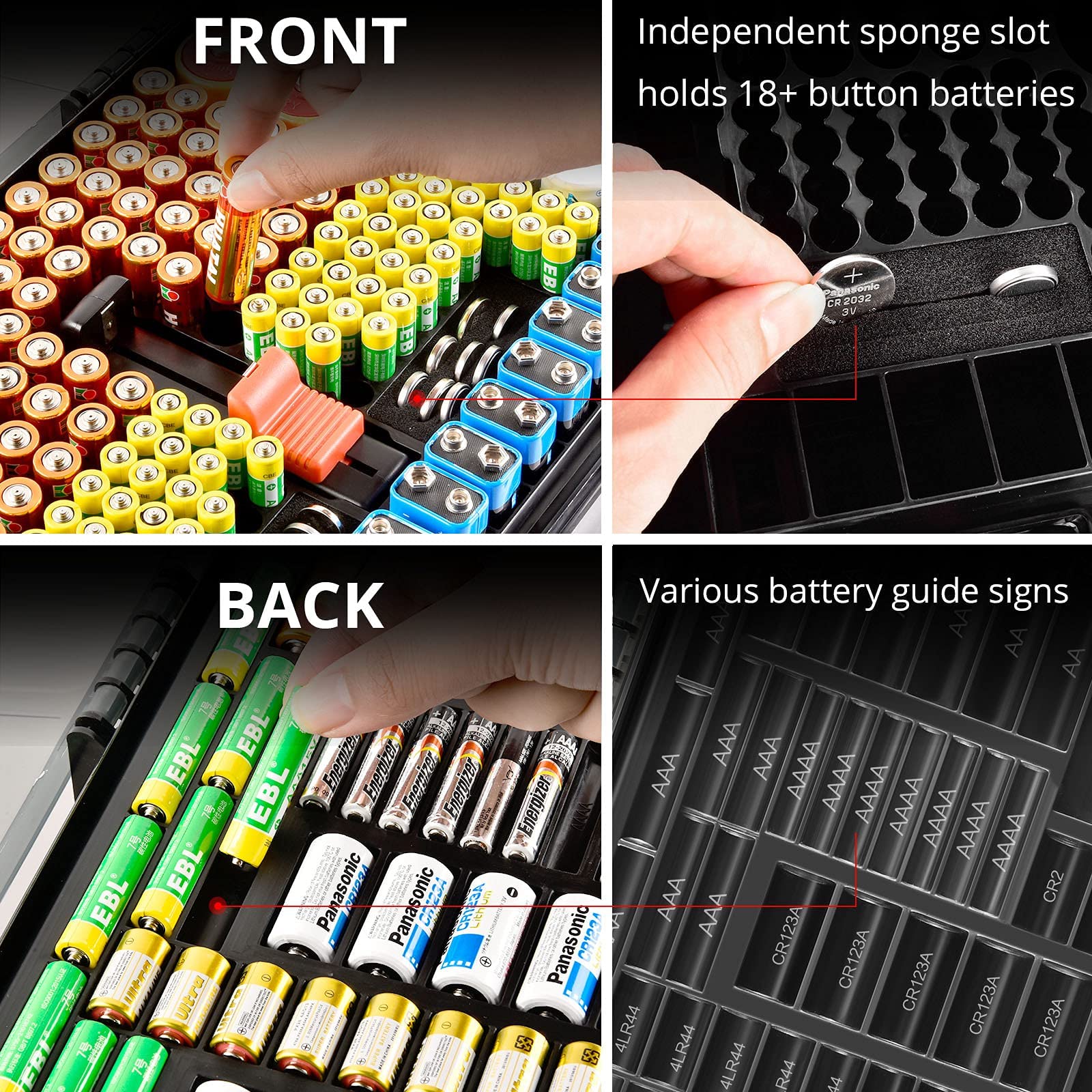 Dark gray 269-slot battery organizer case front and back battery compartments and button-cell slots
