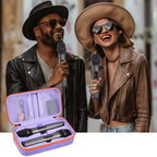 Singers using wireless microphones beside the open purple carrying case