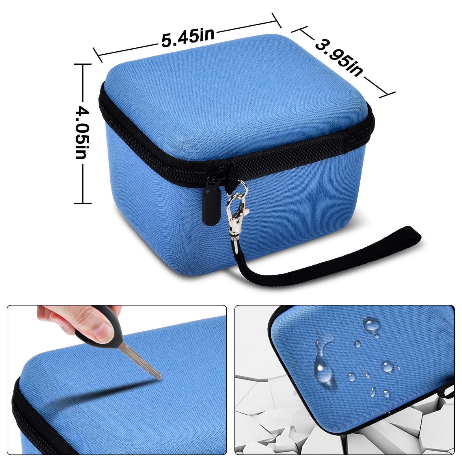 Blue camera case dimensions with scratch, impact, and water-resistant protection