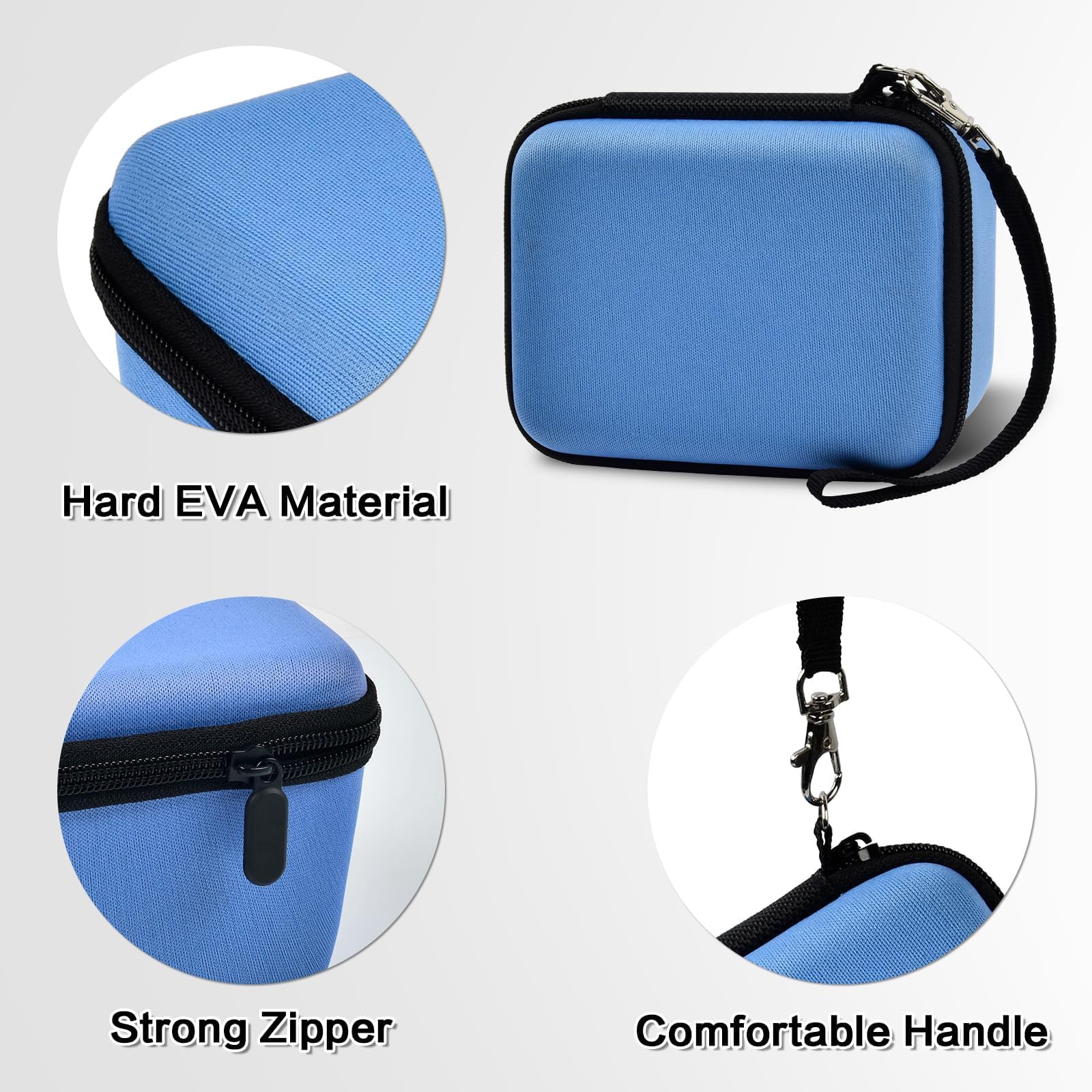 Blue camera case with hard EVA shell, strong zipper, and carrying strap