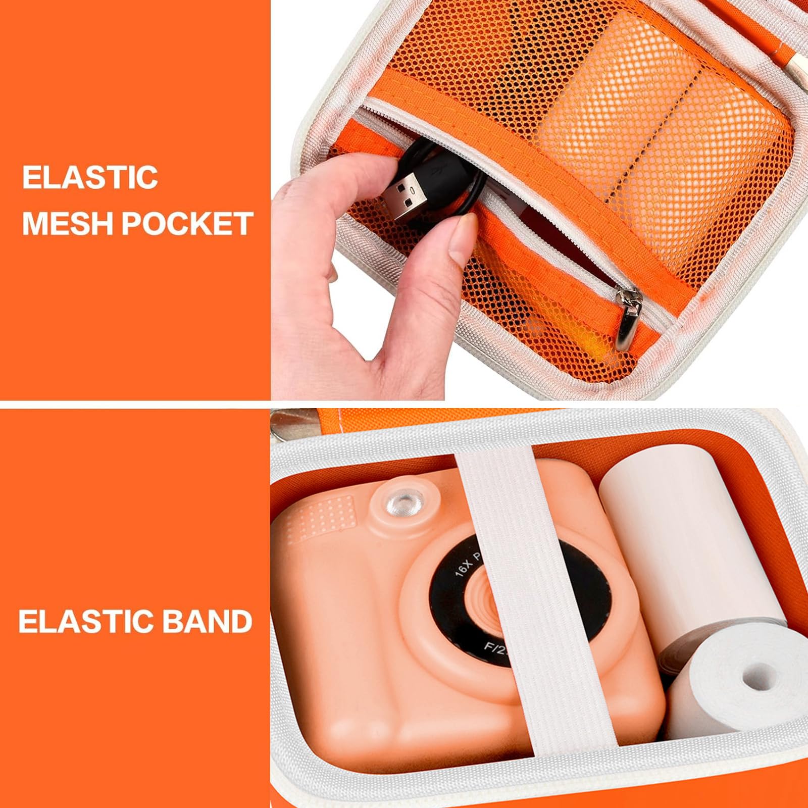 Orange kids instant print camera case hard shell impact protection demonstration