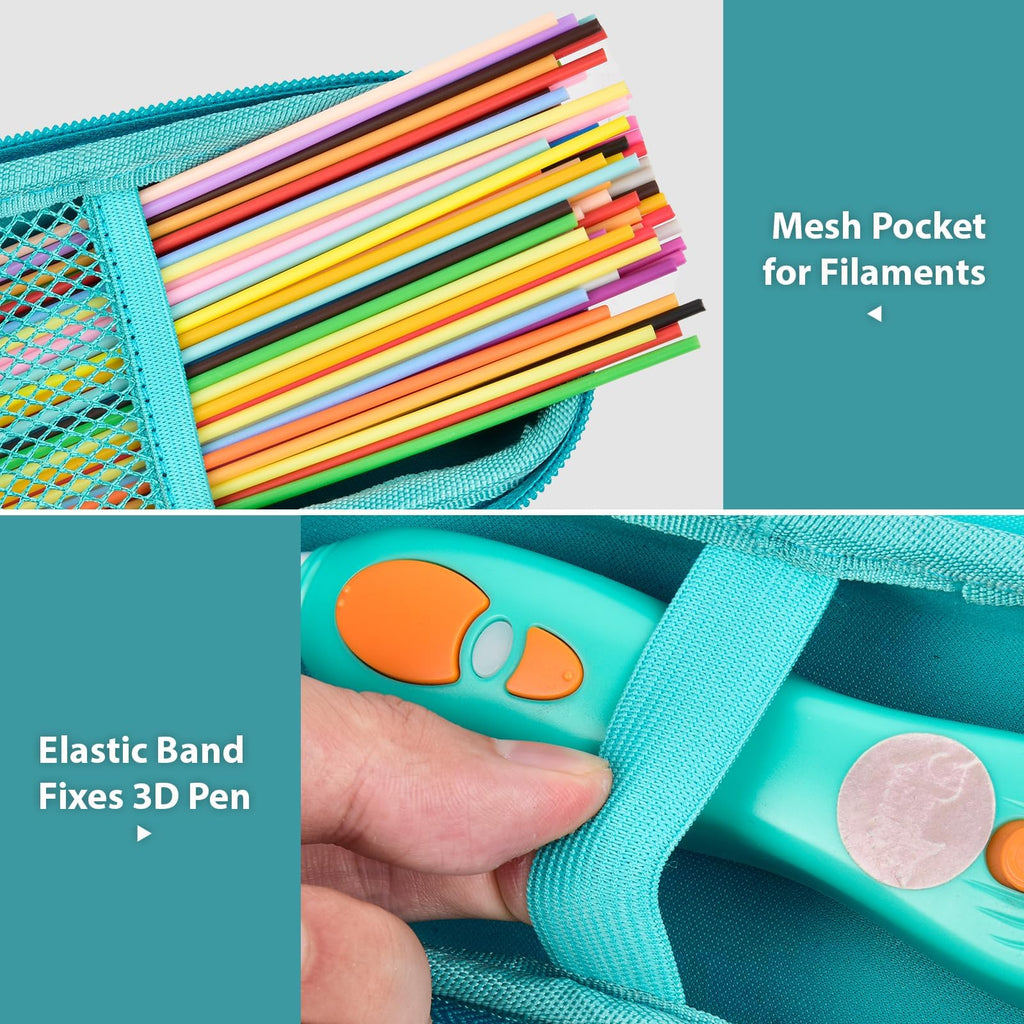 Teal case interior with mesh filament pocket and elastic strap securing the 3D pen