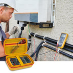 Technician using a digital multimeter beside an open yellow and red organizer case