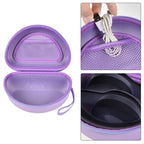 Open purple headphone case with mesh accessory pocket and folded over-ear headphones