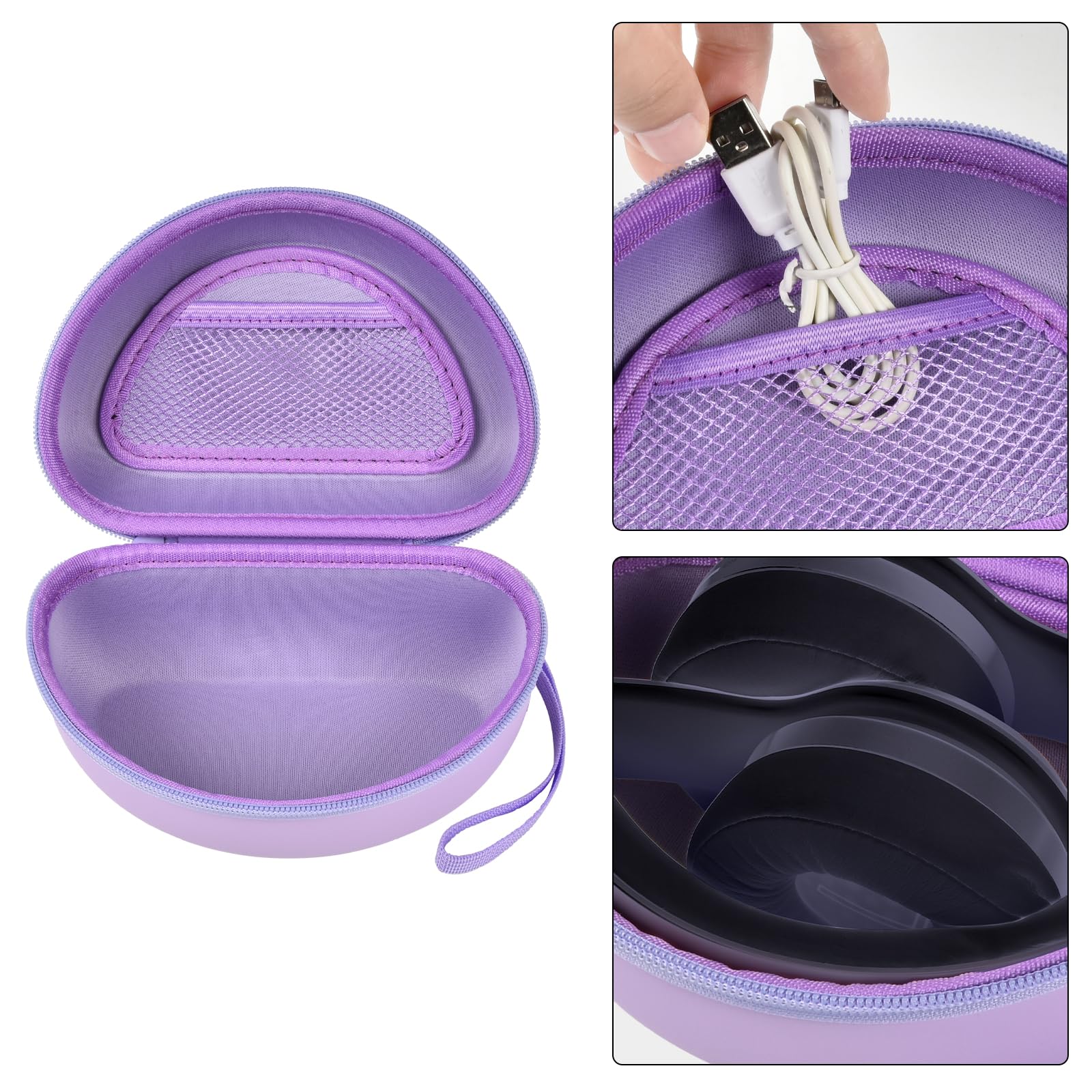 Open purple headphone case with mesh accessory pocket and folded over-ear headphones