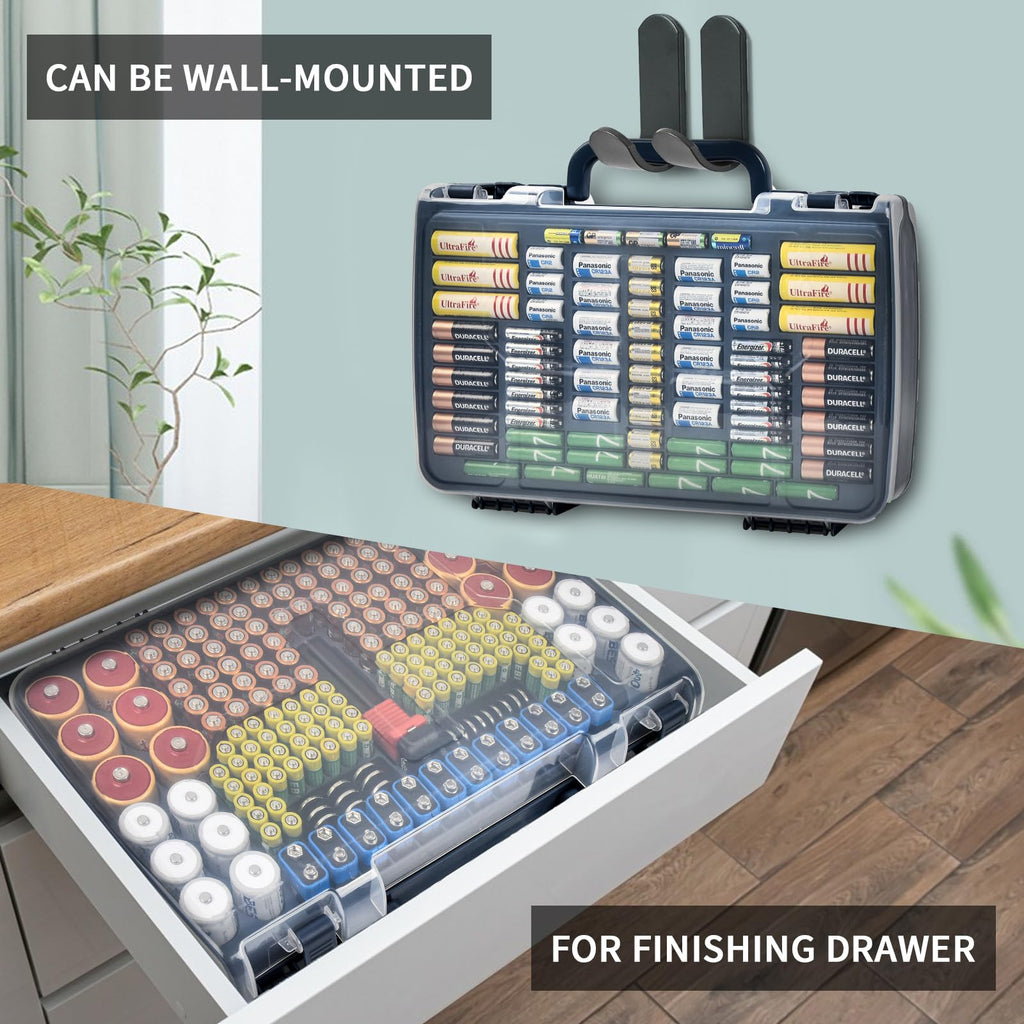 Navy blue 269-slot battery organizer case wall-mounted and drawer-storage options