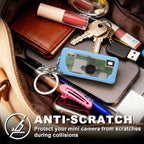 Light blue silicone case for Kodak Charmera keychain camera anti-scratch protection shown inside a bag