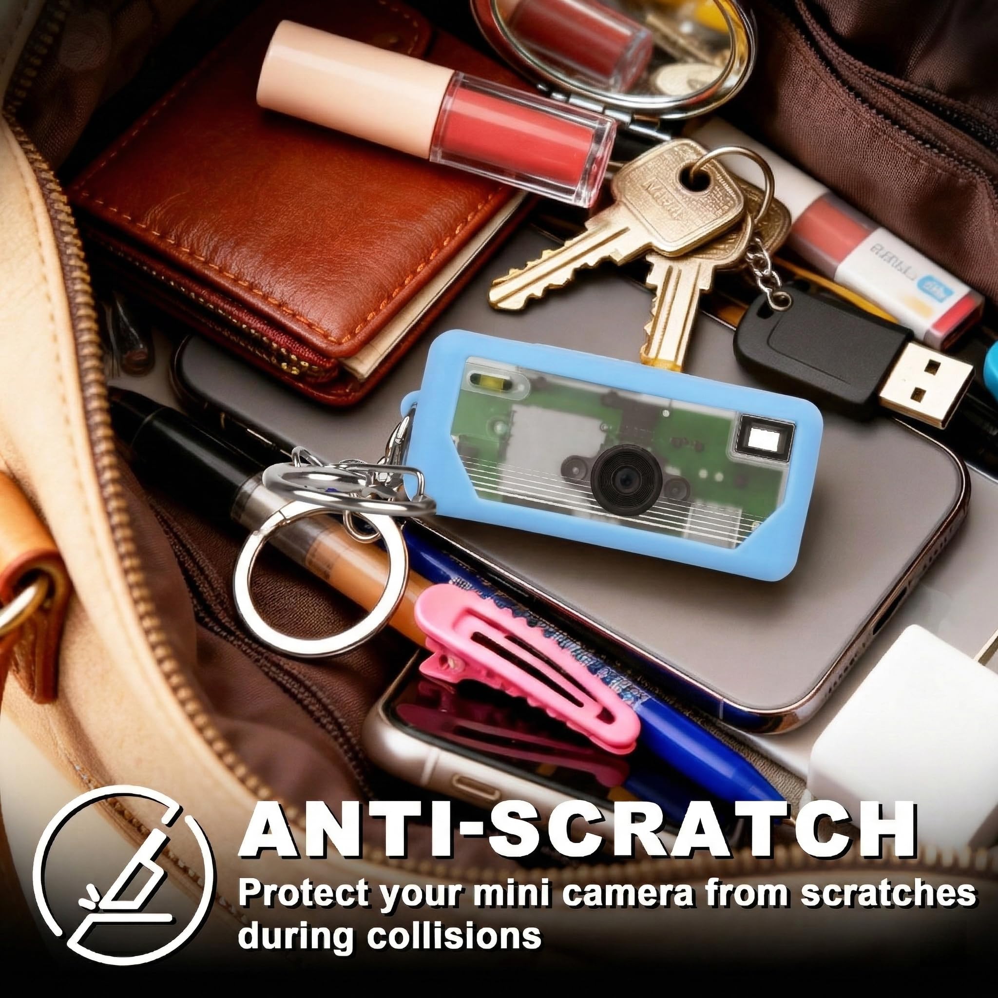 Light blue silicone case for Kodak Charmera keychain camera anti-scratch protection shown inside a bag